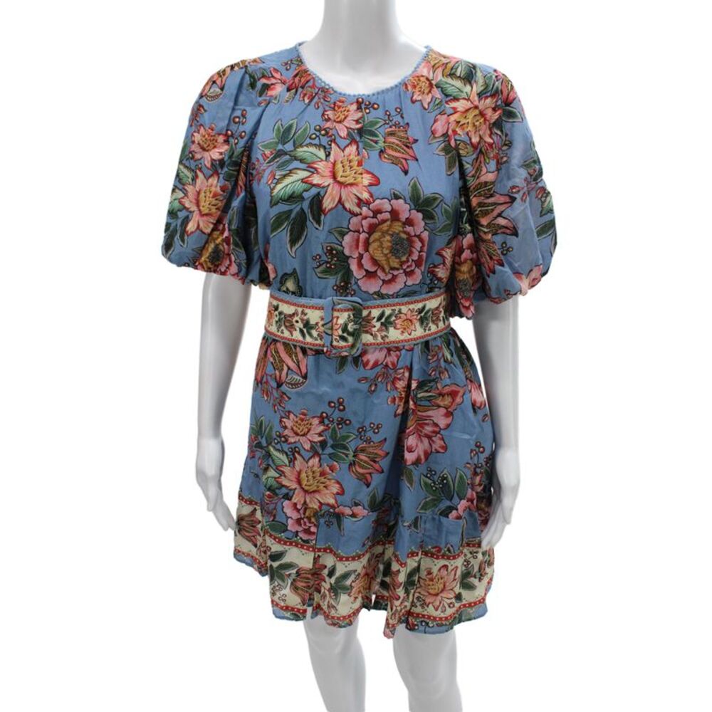 Farm Rio Women Blue Floral Mini Cotton Dress Buckle Size M